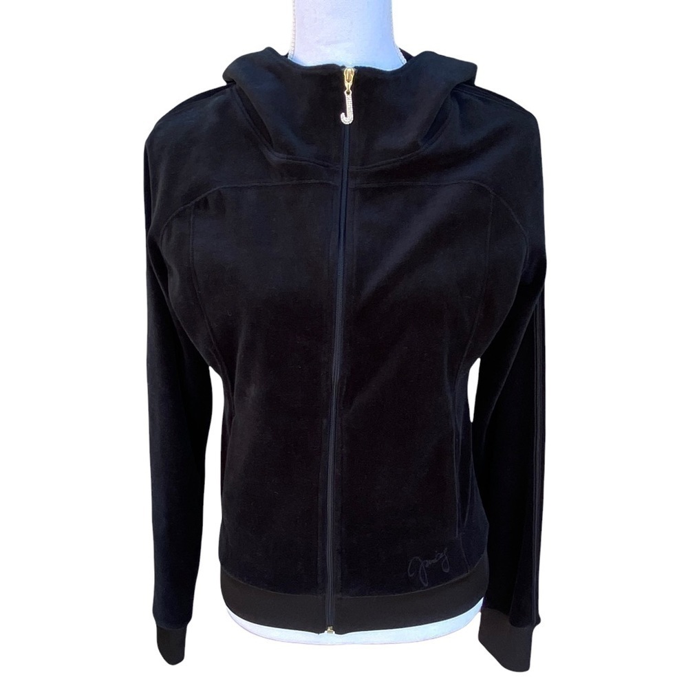 Juicy Couture Black Velour‎ Full Zip Track Hoodie High Neck Bling Rhinestone Sml